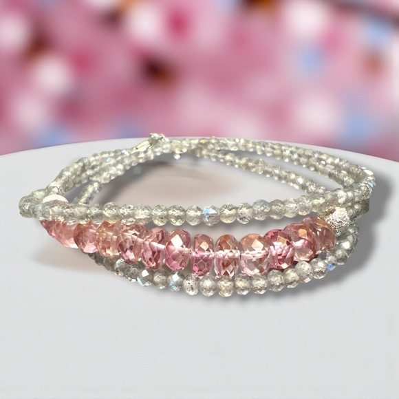 Labradorite, Pink Topaz Wrap Bracelet Convertible Necklace 14k White Gold - Picture 1 of 9